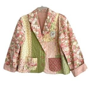 Handmade Patchwork Quilt Jacket Womens Sz M Pastel Floral Pockets Cottagecore